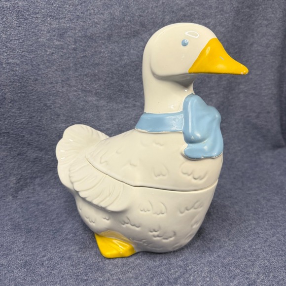 Other - Vintage Ceramic Goose Cookie Jar White Country Farmhouse Blue Bow Kitsch Decor